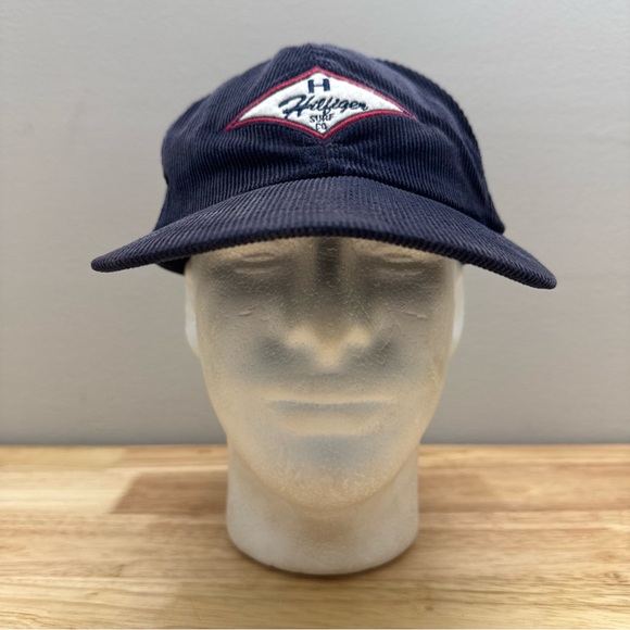 Vintage Tommy Hilfiger Surf Blue Corduroy Hat Embroidered Logo Leather Strapback - Picture 2 of 16